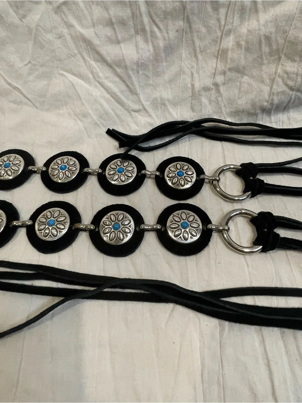 Nocona XL Black Leather Concho Belt Turquoise Western Boho Cowgirl Fringe Tie